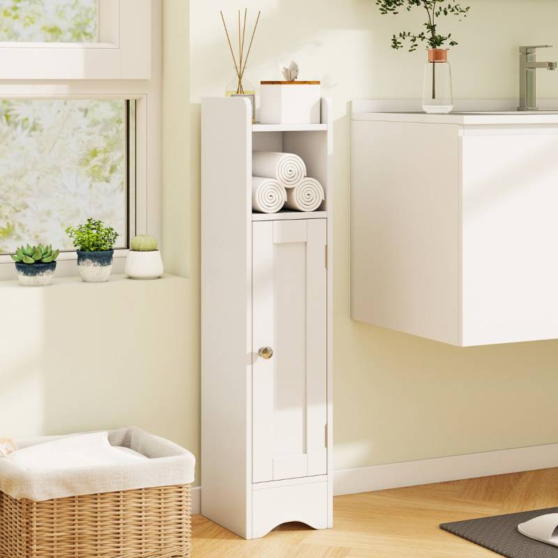 Schmaler Toilettenschrank mit Offenem Fach & 2 Verstellbare Ablagen Badschrank Weiß von Costway