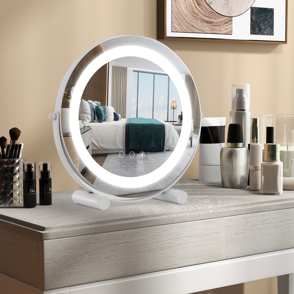 Ø 30 cm Dimmbarer Kosmetikspiegel mit Beleuchtung & Touchschalter & Speicherfunktion von Costway