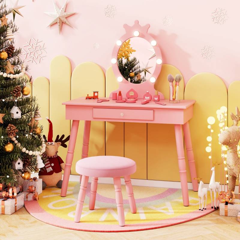 Schminktisch Kinder mit Beleuchtung 2 in 1 Frisiertisch Prinzessin mit abnehmbarem Spiegel Rosa von Costway