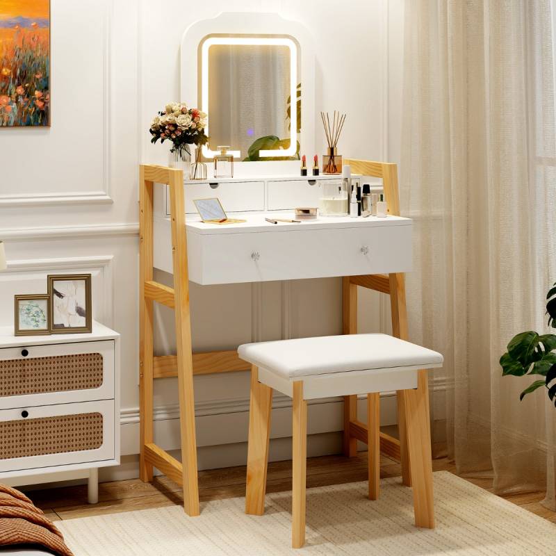 Schminktisch aus Holz mit Hocker & Spiegel & 3 Schubladen Frisiertisch 64 x 41 x 137 cm Weiß von Costway