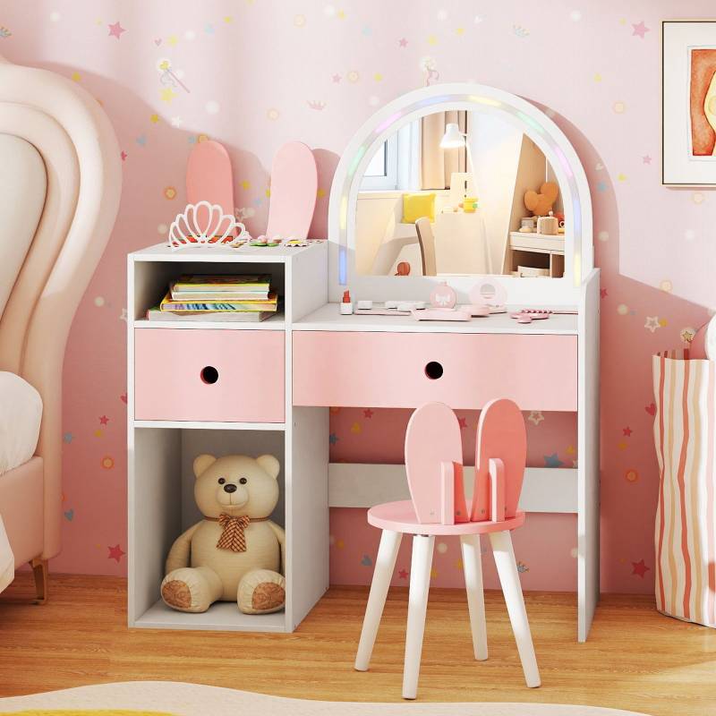 Schminktisch für Kinder mit Beleuchtung Kosmetiktisch mit beleuchtetem Spiegel Frisierkommode mit offenen Regalen Weiß von Costway