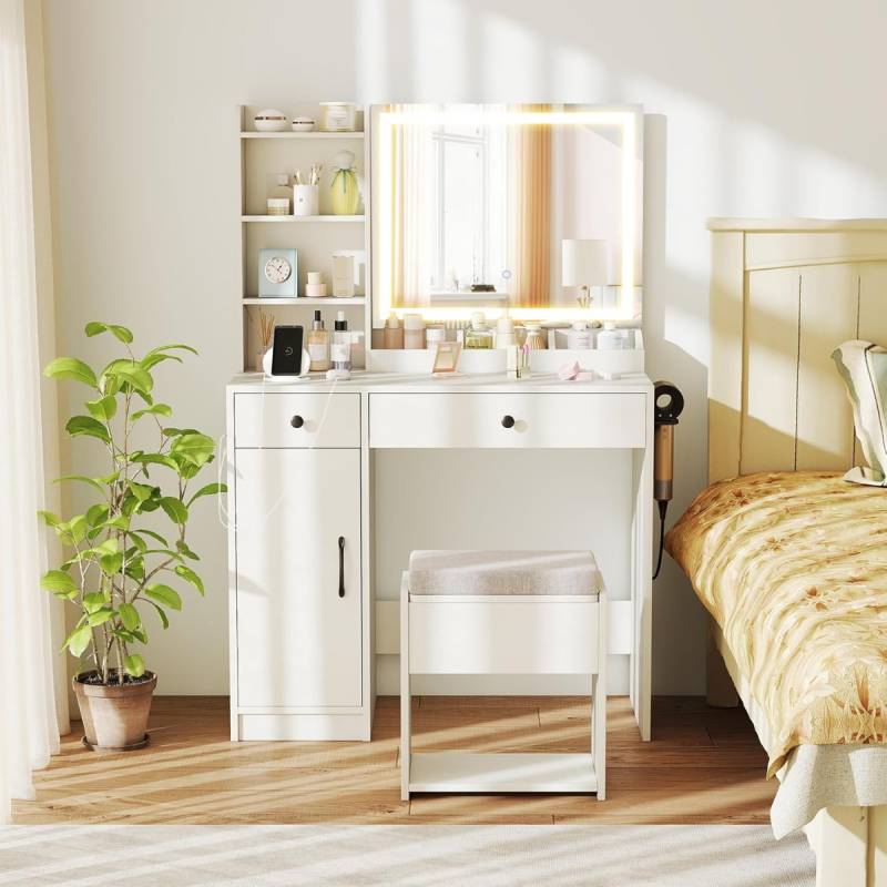 Schminktisch mit Hocker & LED-Spiegel & Steckdosen Frisierttisch-Set Kosmetiktisch Weiß von Costway