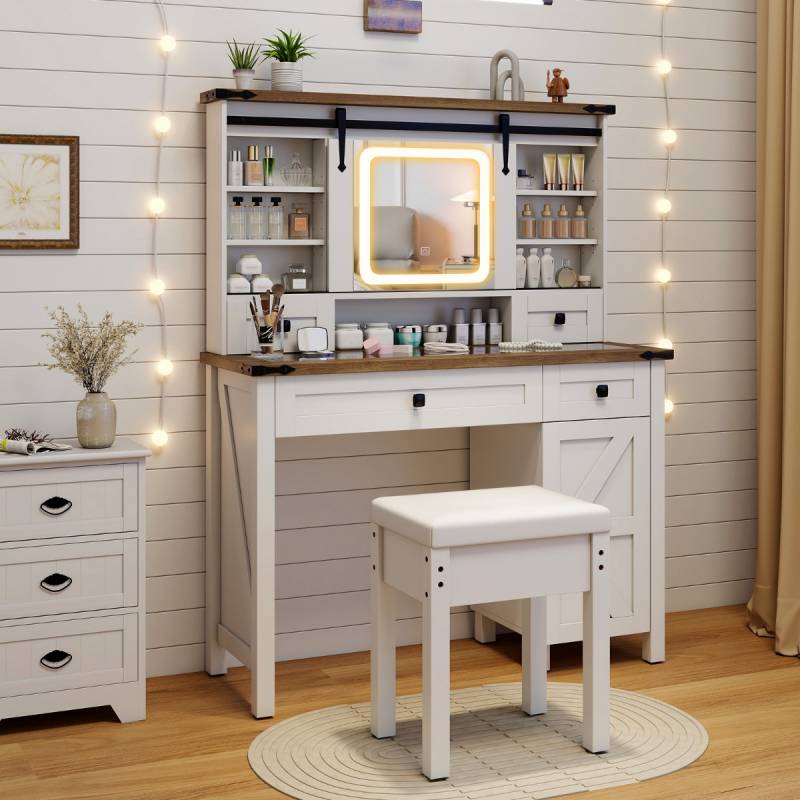 Schminktisch mit LED-Beleuchtung 3 Farben mit Einstellbarer Helligkeit Kosmetiktisch Weiß von Costway