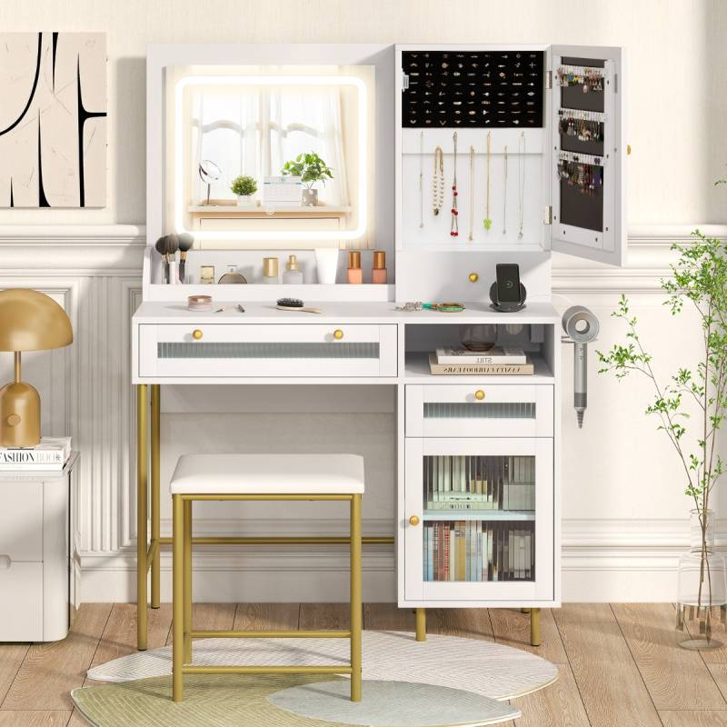 Schminktisch mit LED-Beleuchtung & Ladestation & 3 Schubladen Schmuckschrank Frisiertisch von Costway