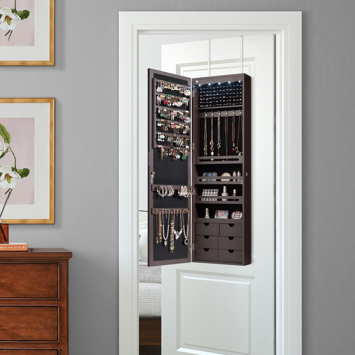 Schmuckschrank Wand-/Türschmuckschrank mit großem Spiegel 36,5 x 11,5 x 120 cm Braun von Costway