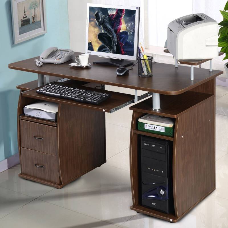 Schreibtisch Computertisch Bürotisch PC Tisch mit Druckerablage,Tastaturauszug-walnut von Costway