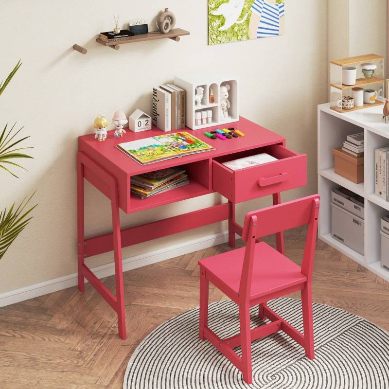 Schreibtisch Kinder mit Stuhl Kinderschreibtisch Set aus Holz Jugendschreibtisch mit Schublade & Ablage Rosa von Costway
