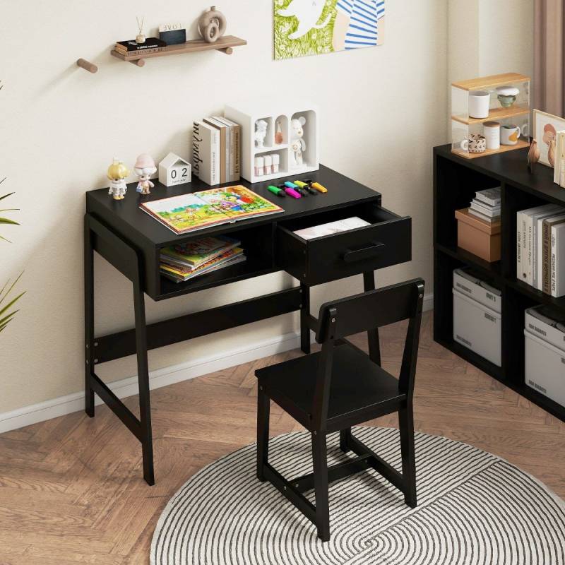 Schreibtisch Kinder mit Stuhl Kinderschreibtisch Set aus Holz Jugendschreibtisch mit Schublade & Ablage Schwarz von Costway