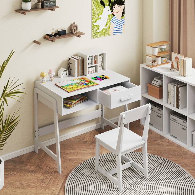 Schreibtisch Kinder mit Stuhl Kinderschreibtisch Set aus Holz Jugendschreibtisch mit Schublade & Ablage Weiß von Costway