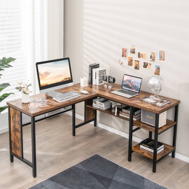 Schreibtisch L-Form Eckschreibtisch mit Regal in voller Länge und 2-stufige Seitenregale Rustikal Braun 150 x 140 x 75 cm von Costway