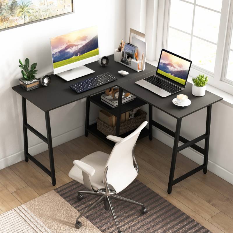 Schreibtisch L-Form Eckschreibtisch mit Steckdosen & USB-Anschlüssen 120 x 120 x 75 cm Schwarz von Costway