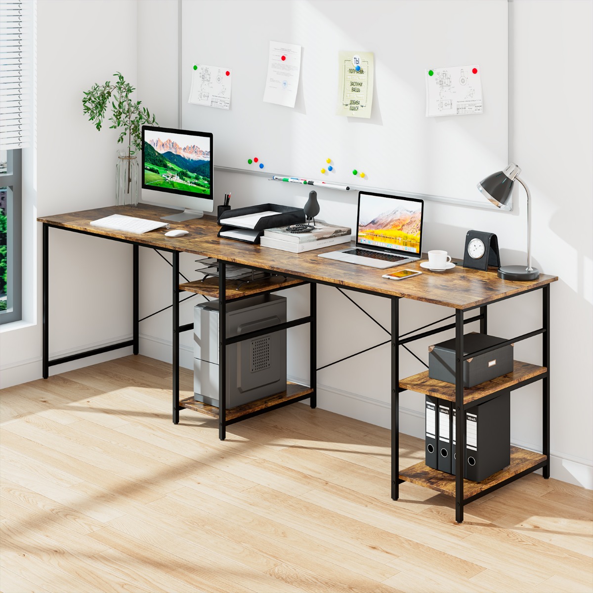 Schreibtisch L-Form Reversibler Eckschreibtisch mit 4 Ablagen 151 x 151 x 75 cm Rustikales Braun von Costway
