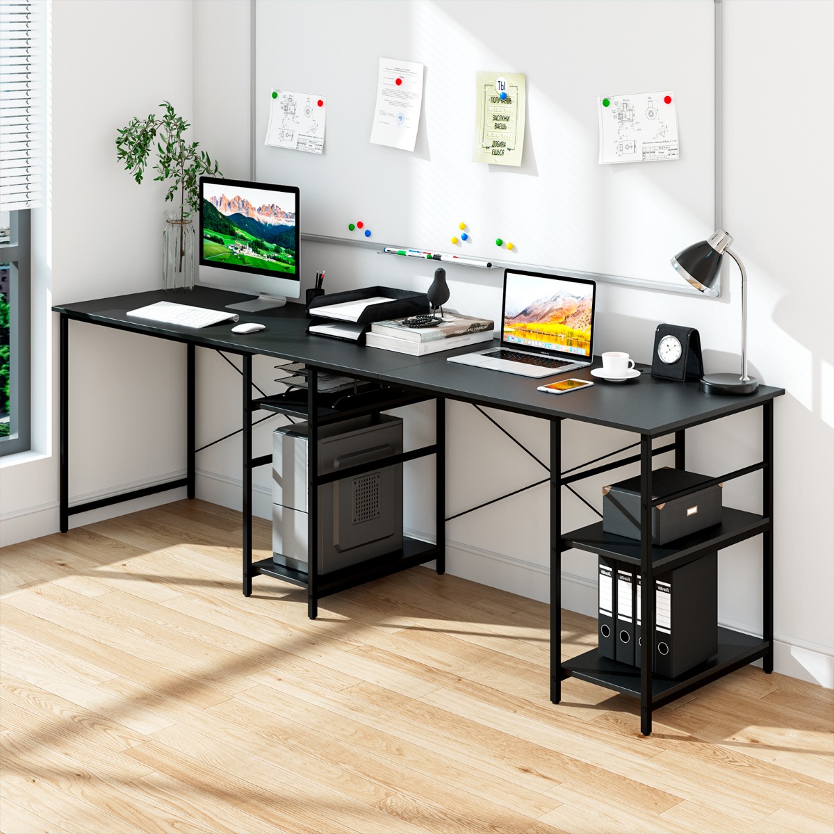 Schreibtisch L-Form Reversibler Eckschreibtisch mit 4 Ablagen 151 x 151 x 75 cm Schwarz von Costway