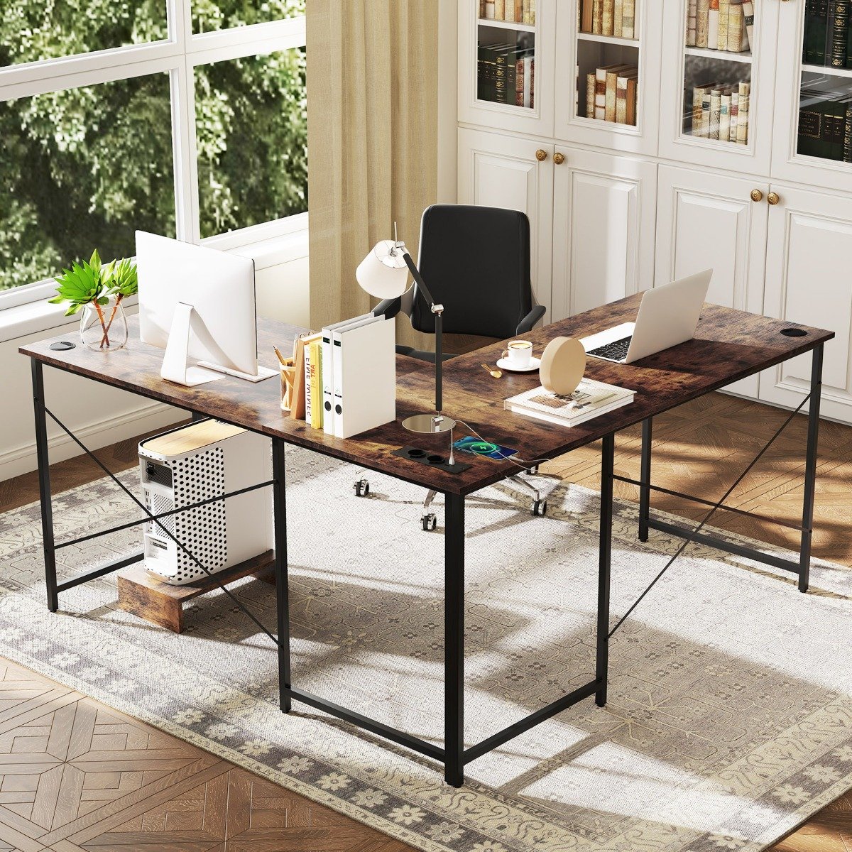 Schreibtisch L-Form reversibler Eckschreibtisch mit Ladestation Computertisch Bürotisch Rustikalbraun von Costway