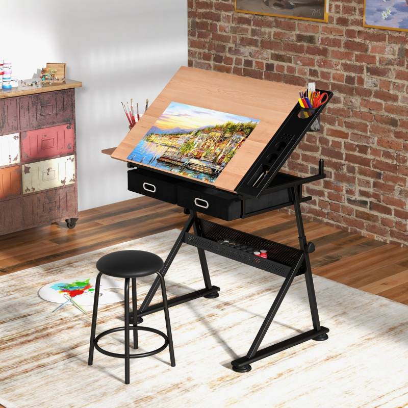 Schreibtisch Zeichentisch Architektentisch Maltisch neigbar + Schubladen/Hocker von Costway