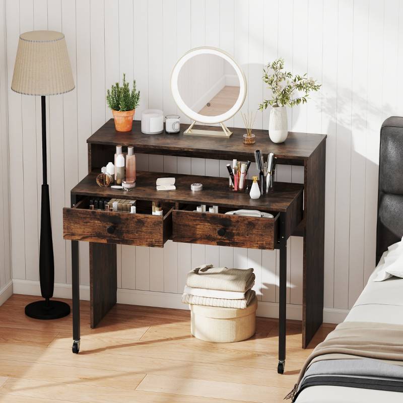 Schreibtisch ausziehbar kleiner Computertisch mit 2 Schubladen & Rollen 100 x 63 x 88 cm Braun von Costway