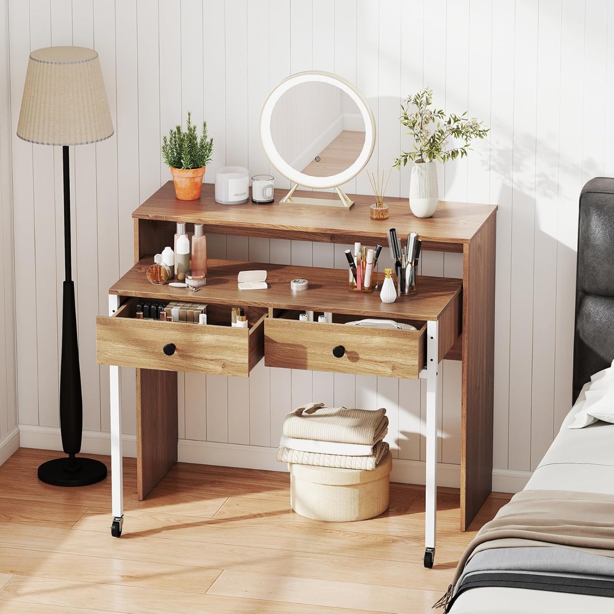 Schreibtisch ausziehbar kleiner Computertisch mit 2 Schubladen & Rollen 100 x 63 x 88 cm Natur von Costway