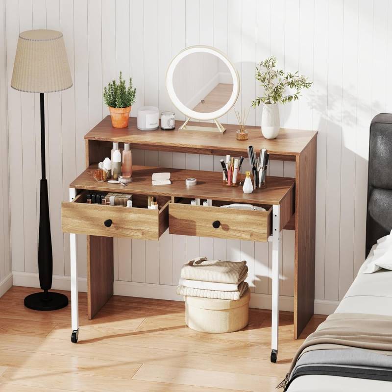 Schreibtisch ausziehbar kleiner Computertisch mit 2 Schubladen & Rollen 100 x 63 x 88 cm Natur von Costway