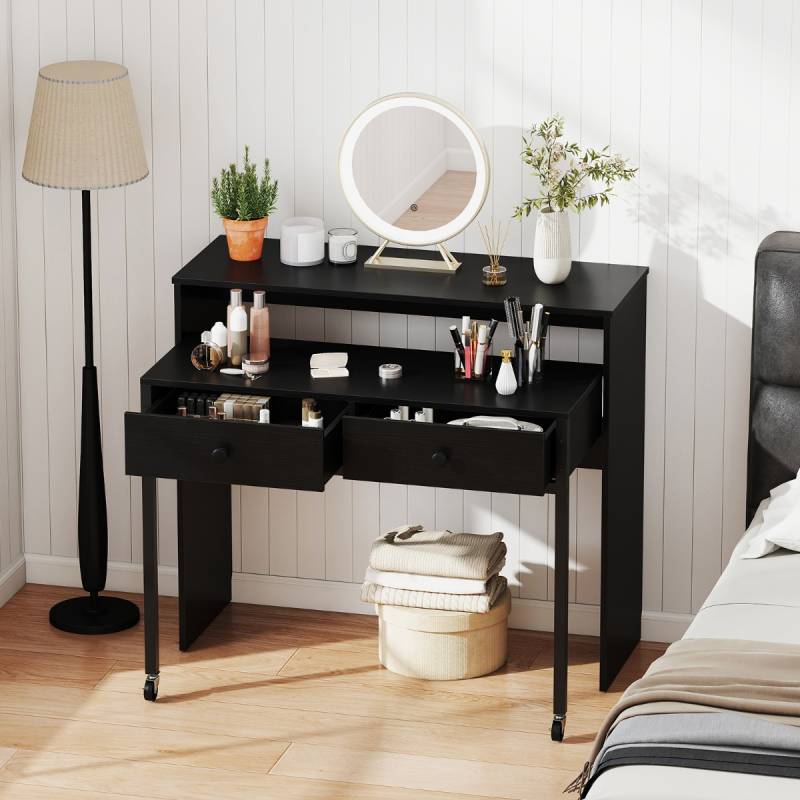 Schreibtisch ausziehbar kleiner Computertisch mit 2 Schubladen & Rollen 100 x 63 x 88 cm Schwarz von Costway