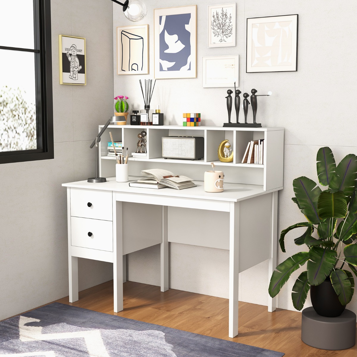 Schreibtisch mit 2 Schubladen und 5 Fächern Computertisch Kinderschreibtisch 120 x 60 x 110 cm Weiß von Costway