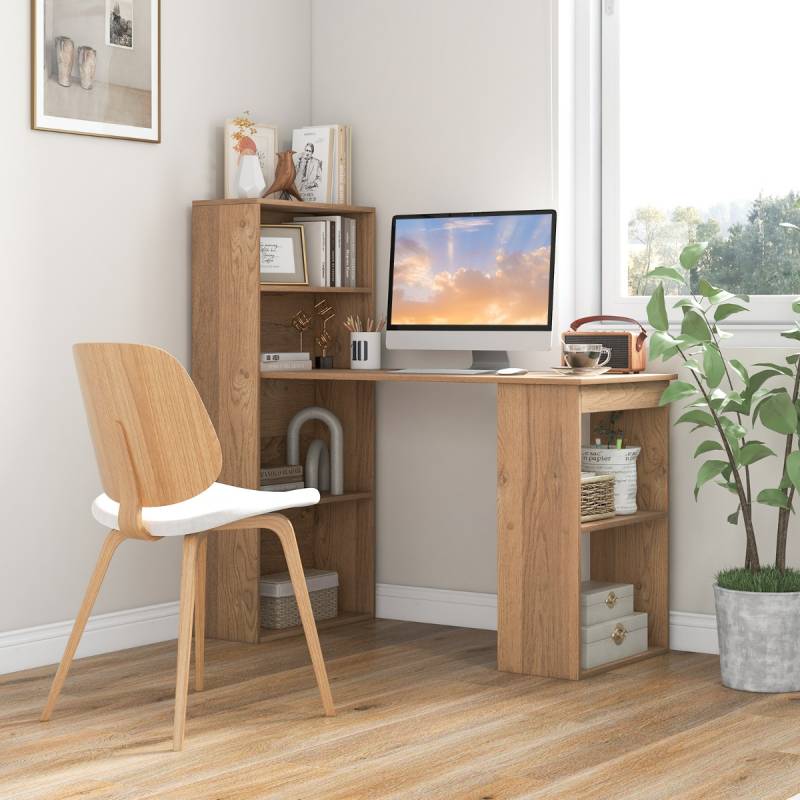 Schreibtisch mit Bücherregal Computertisch mit 6 Regalen PC-Tisch mit Regal Bürotisch Natur von Costway