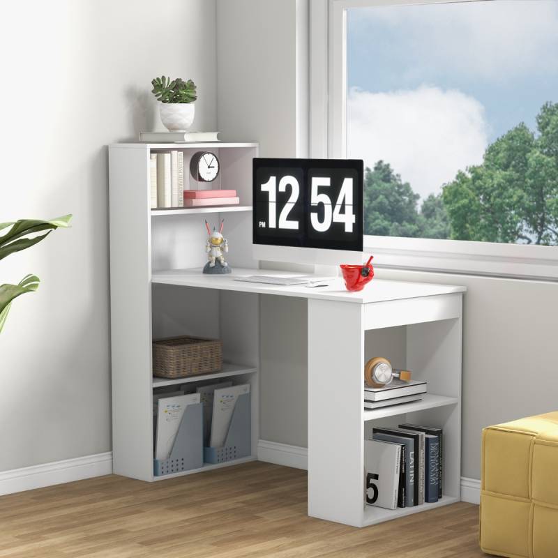 Schreibtisch mit Bücherregal Computertisch mit 6 Regalen PC-Tisch mit Regal Bürotisch Weiß von Costway