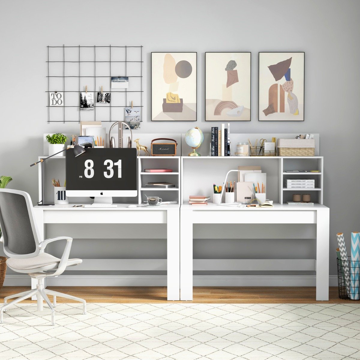 Schreibtisch mit Bücherregal & Kabelführungslöchern 120 x 54 x 129 cm Weiß von Costway