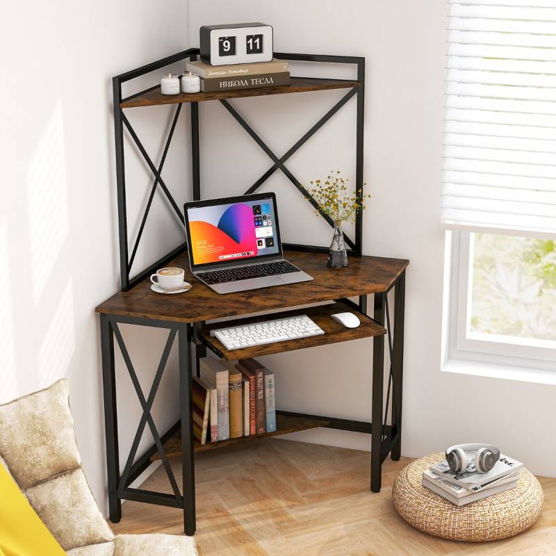 Schreibtisch mit Ladestation Eck Computertisch mit Tastaturablage & 2 Ablagen 113 x 75 x 145 cm Rustikales Braun + Schwarz von Costway