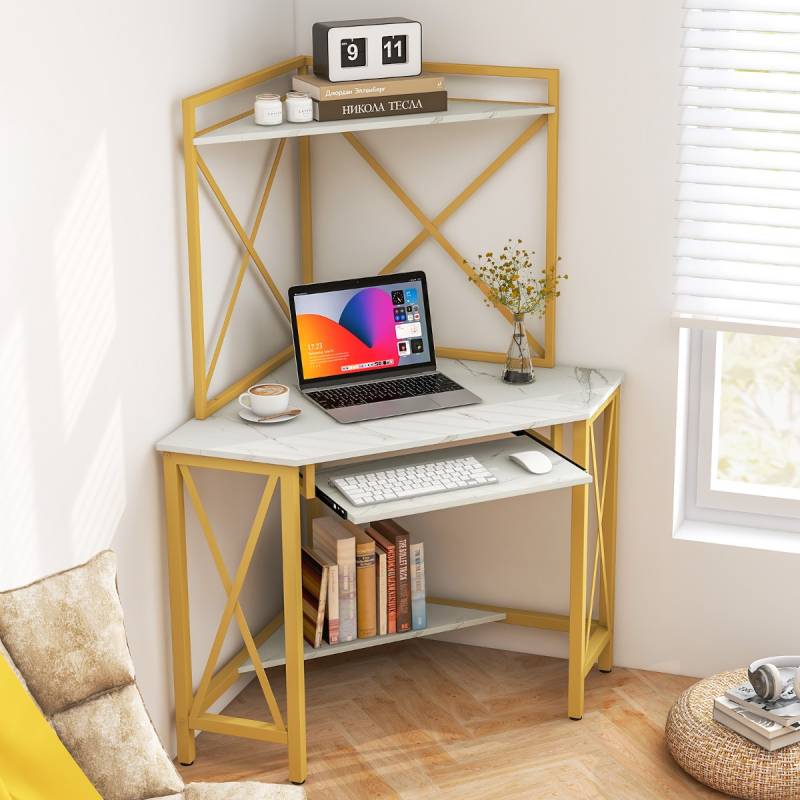 Schreibtisch mit Ladestation Eck Computertisch mit Tastaturablage & 2 Ablagen 113 x 75 x 145 cm Weiß + Gold von Costway