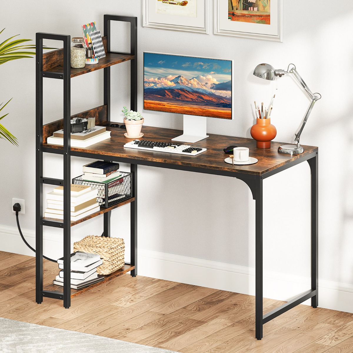 Schreibtisch mit Ladestation & Offenem Bücherregal Computertisch Bürotisch PC Tisch Braun von Costway