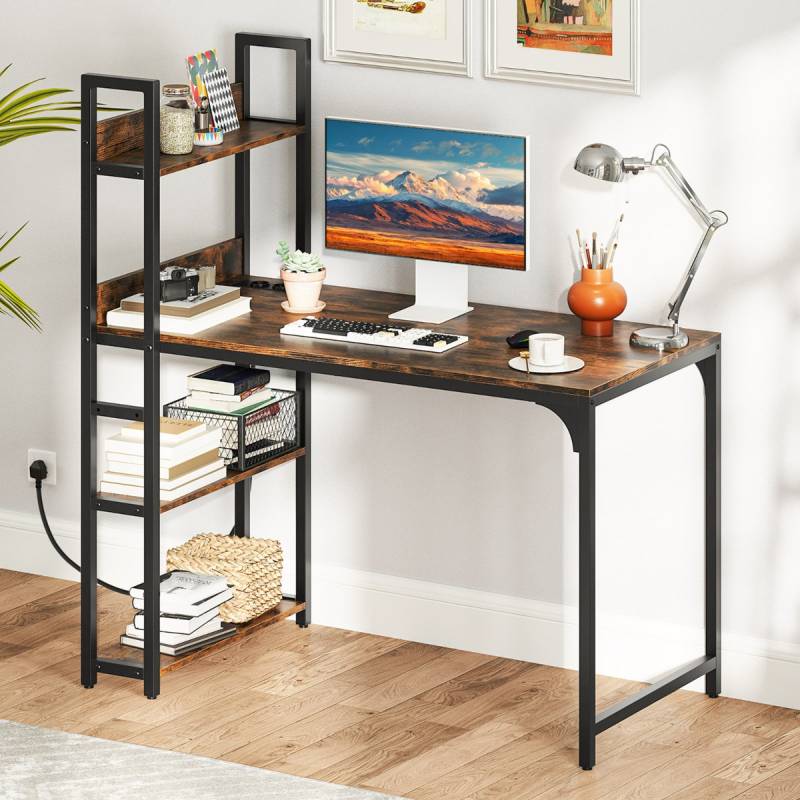Schreibtisch mit Ladestation & Offenem Bücherregal Computertisch Bürotisch PC Tisch Braun von Costway