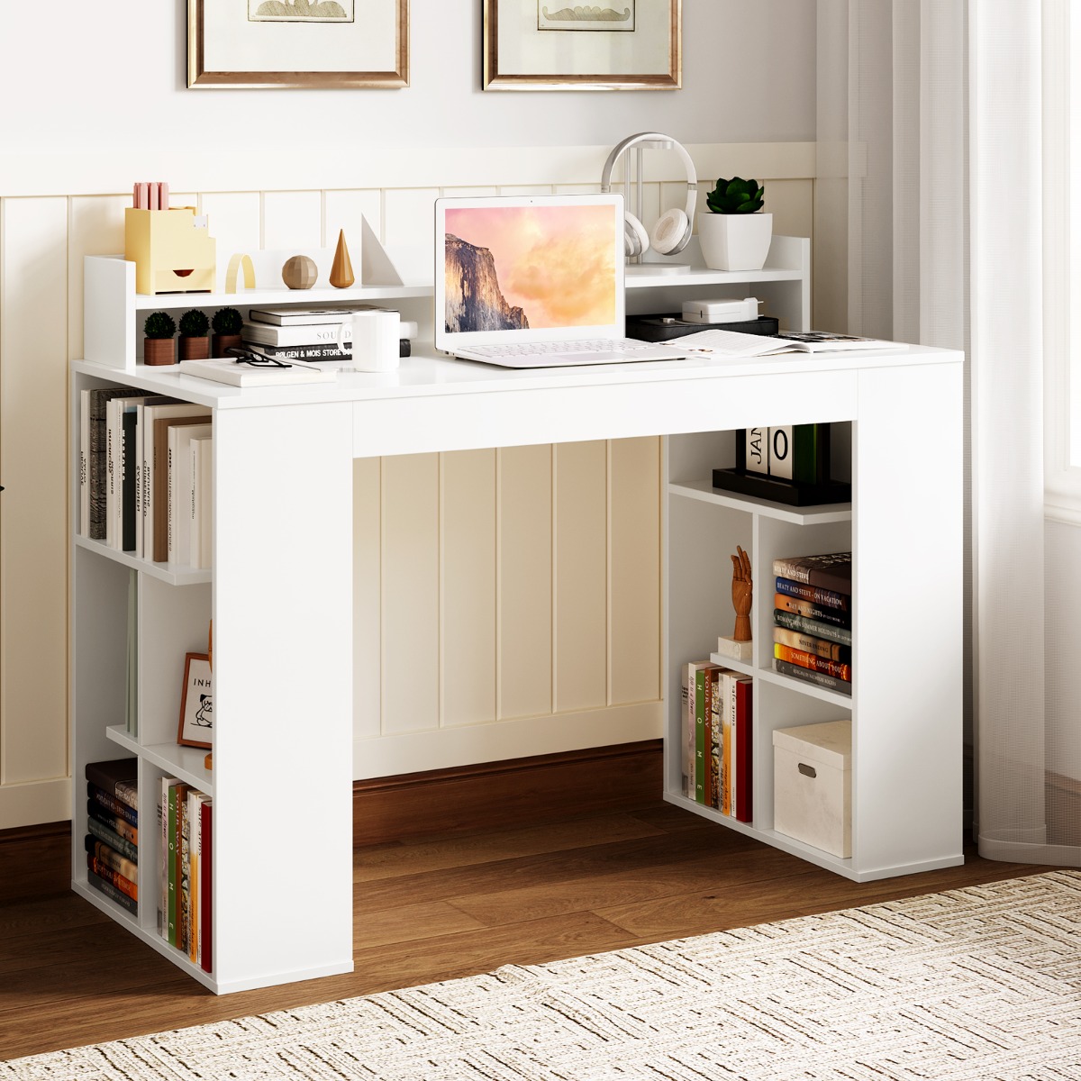 Schreibtisch mit Monitorablage & 2 Bücherregalen Computertisch 120 x 54 x 90 cm Weiß von Costway