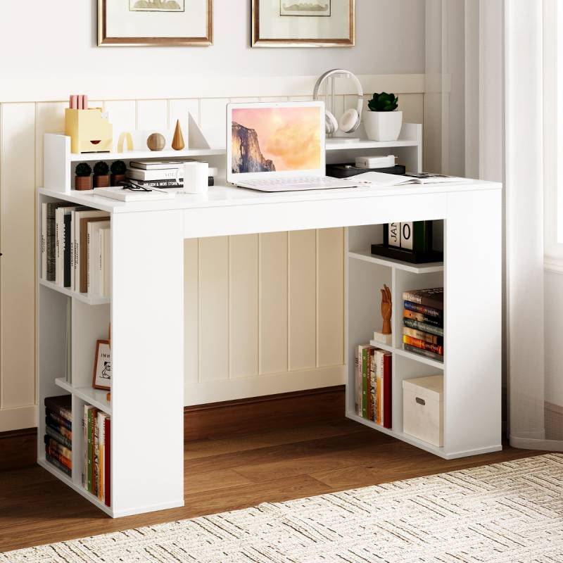 Schreibtisch mit Monitorablage & 2 Bücherregalen Computertisch 120 x 54 x 90 cm Weiß von Costway