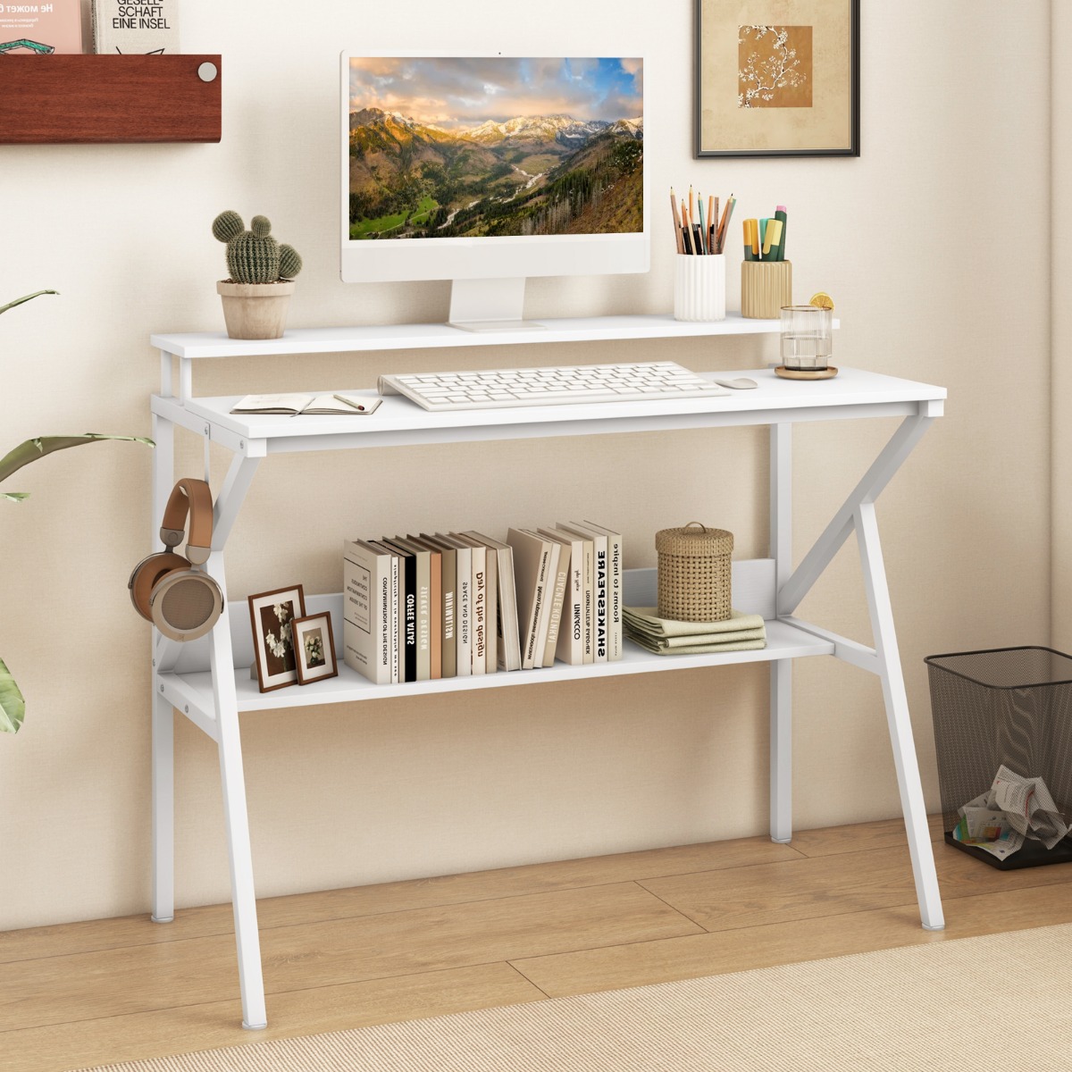 Schreibtisch mit Monitorständer 100 x 50 cm Kleiner Computertisch PC-Tisch mit Regal Weiß Schreibtisch mit Monitorständer 100 x 50 cm Kleiner Computertisch PC-Tisch mit Regal Weiß von Costway