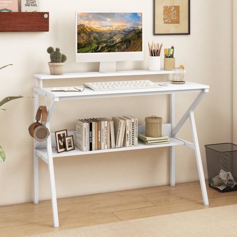 Schreibtisch mit Monitorständer 100 x 50 cm Kleiner Computertisch PC-Tisch mit Regal Weiß von Costway