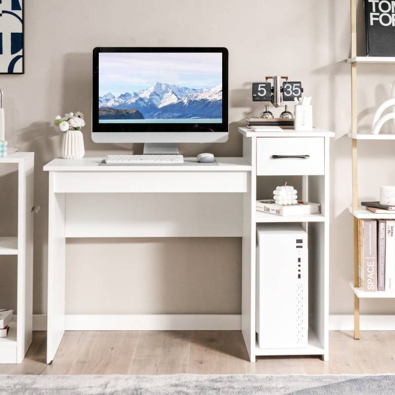 Schreibtisch mit Schublade & offenen Regalen Computertisch aus Holz 102 x 50 x 82 cm Weiß von Costway
