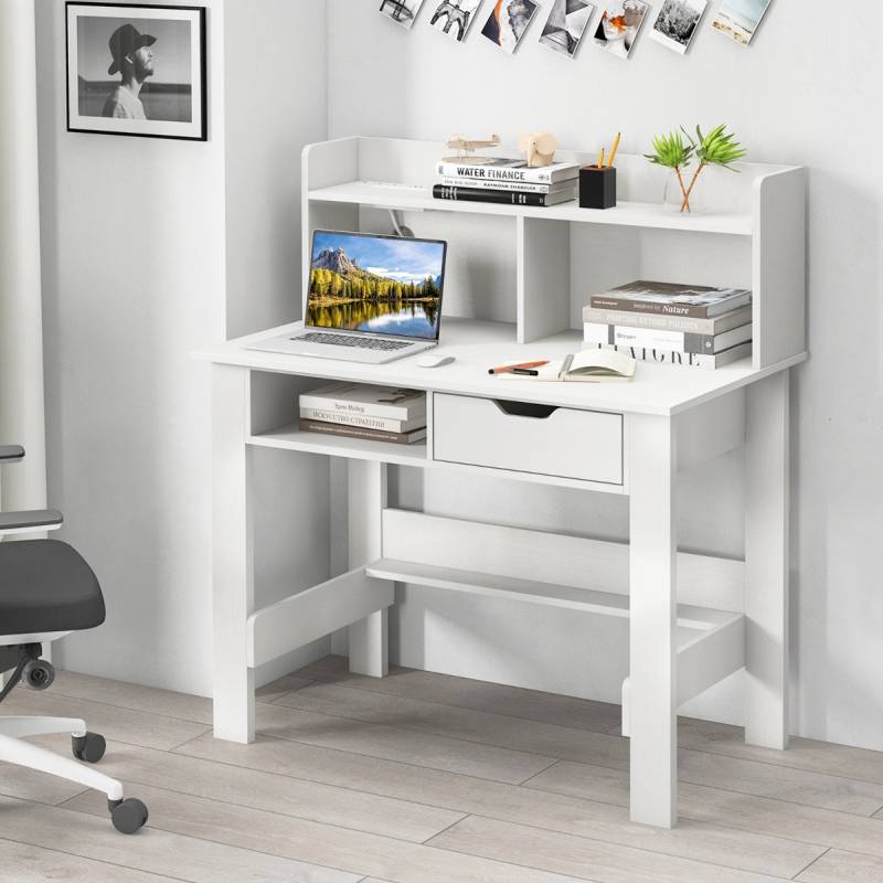 Schreibtisch mit Steckdosen Kleiner Computertisch mit Aufsatz 95 x 56 x 109,5 cm Weiß von Costway