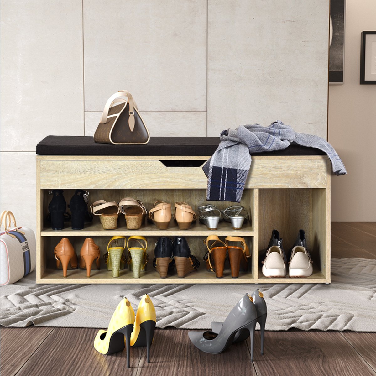 Schuhbank Schuhkommode Schuhablage mit Sitzkissen Holz 104 x 48 x 30 cm Weiß/Natur-Natur Schuhbank Schuhkommode Schuhablage mit Sitzkissen Holz 104 x 48 x 30 cm Weiß/Natur-Natur von Costway
