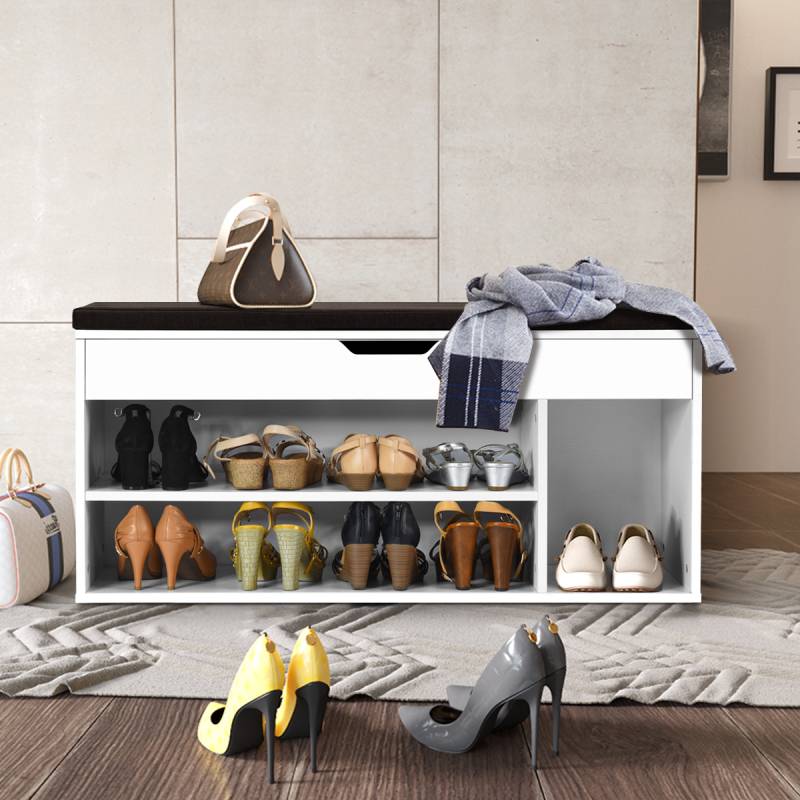Schuhbank Schuhkommode Schuhablage mit Sitzkissen Holz 104 x 48 x 30 cm Weiß/Natur-Weiß von Costway