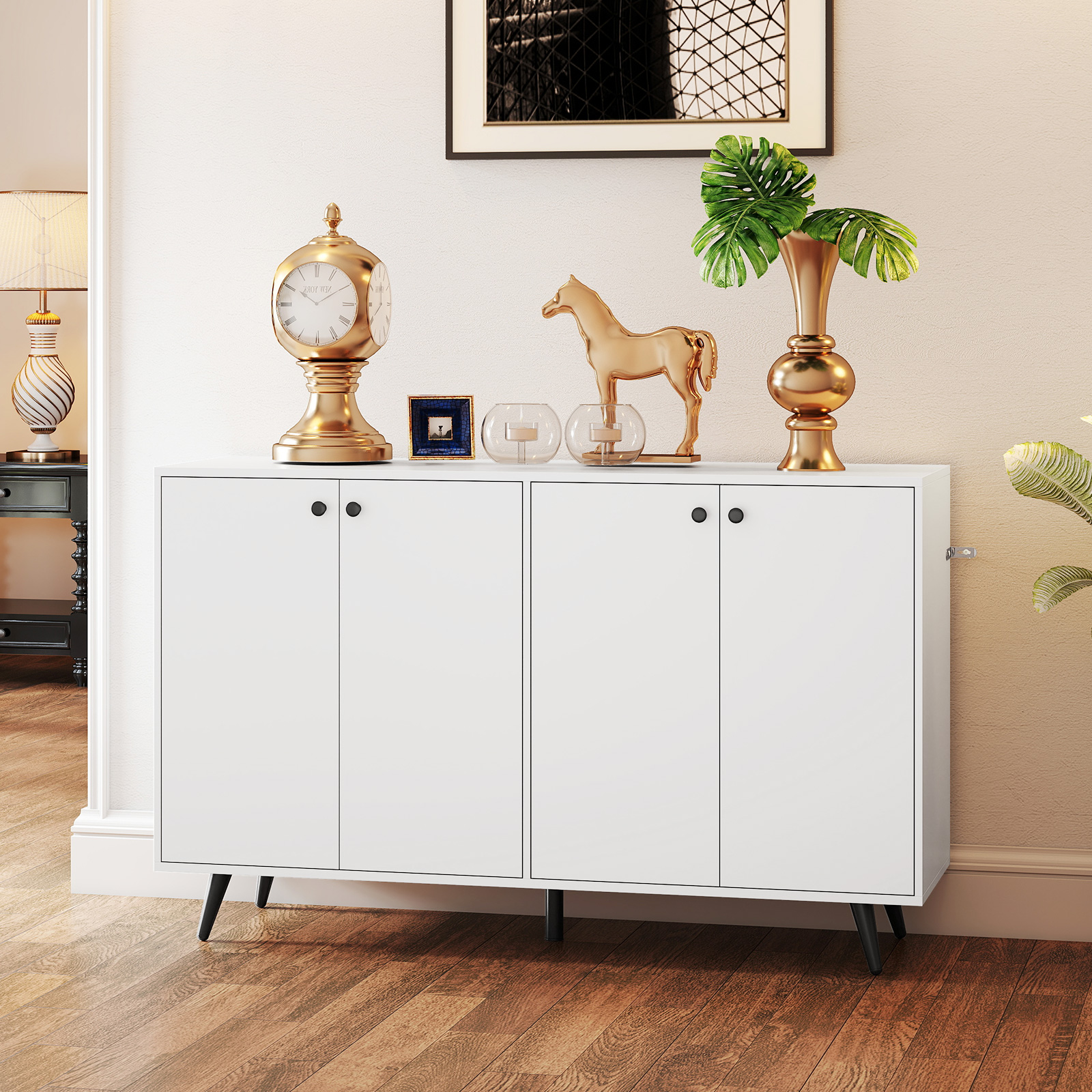 Sideboard Holz Kommode mit 4 Türen & 5-fach verstellbare Ablagen 127,5 x 38 x 80 cm Weiß von Costway