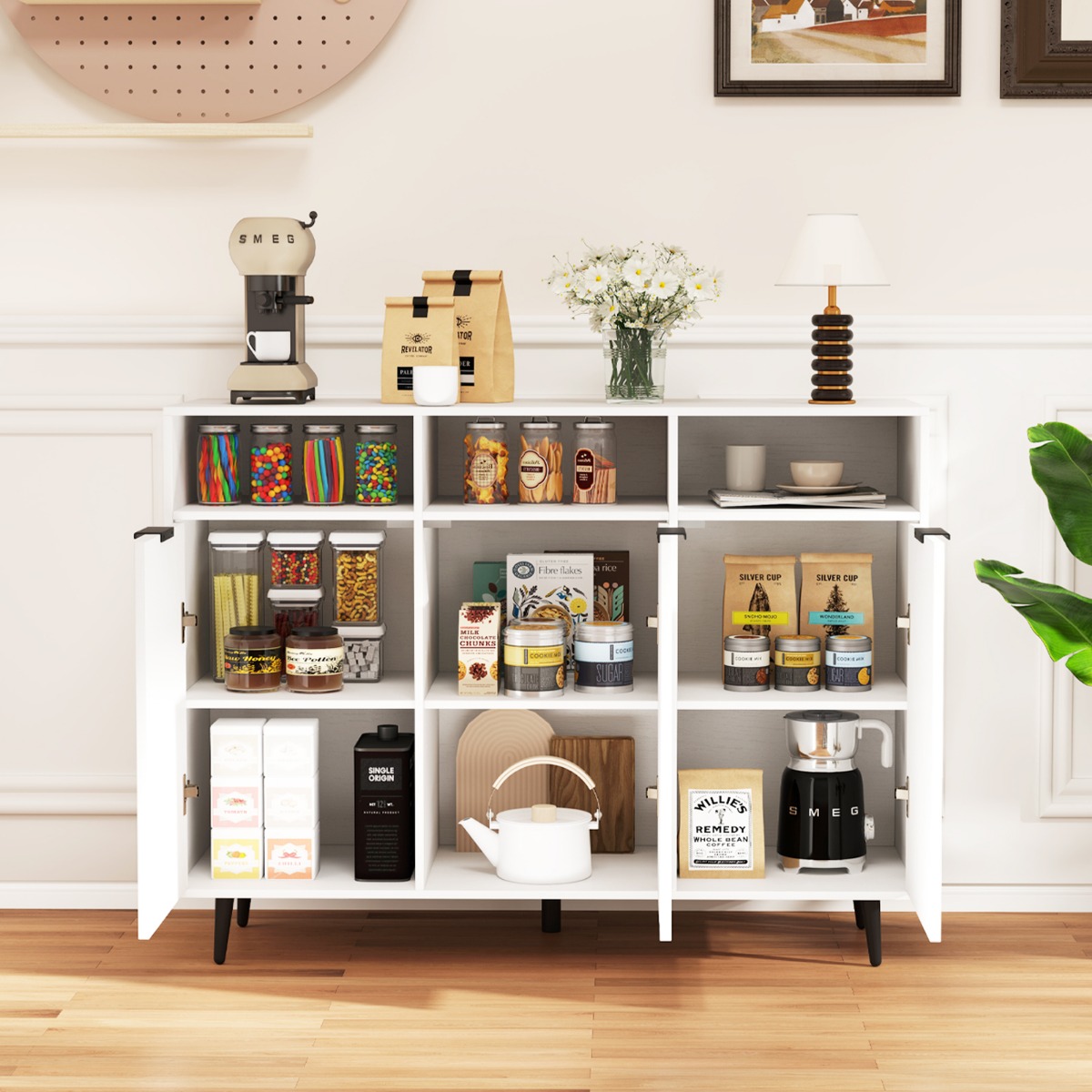 Sideboard Holz Küchenschrank mit 5-Fach verstellbaren Regalen 120 x 40 x 90 cm Weiß von Costway