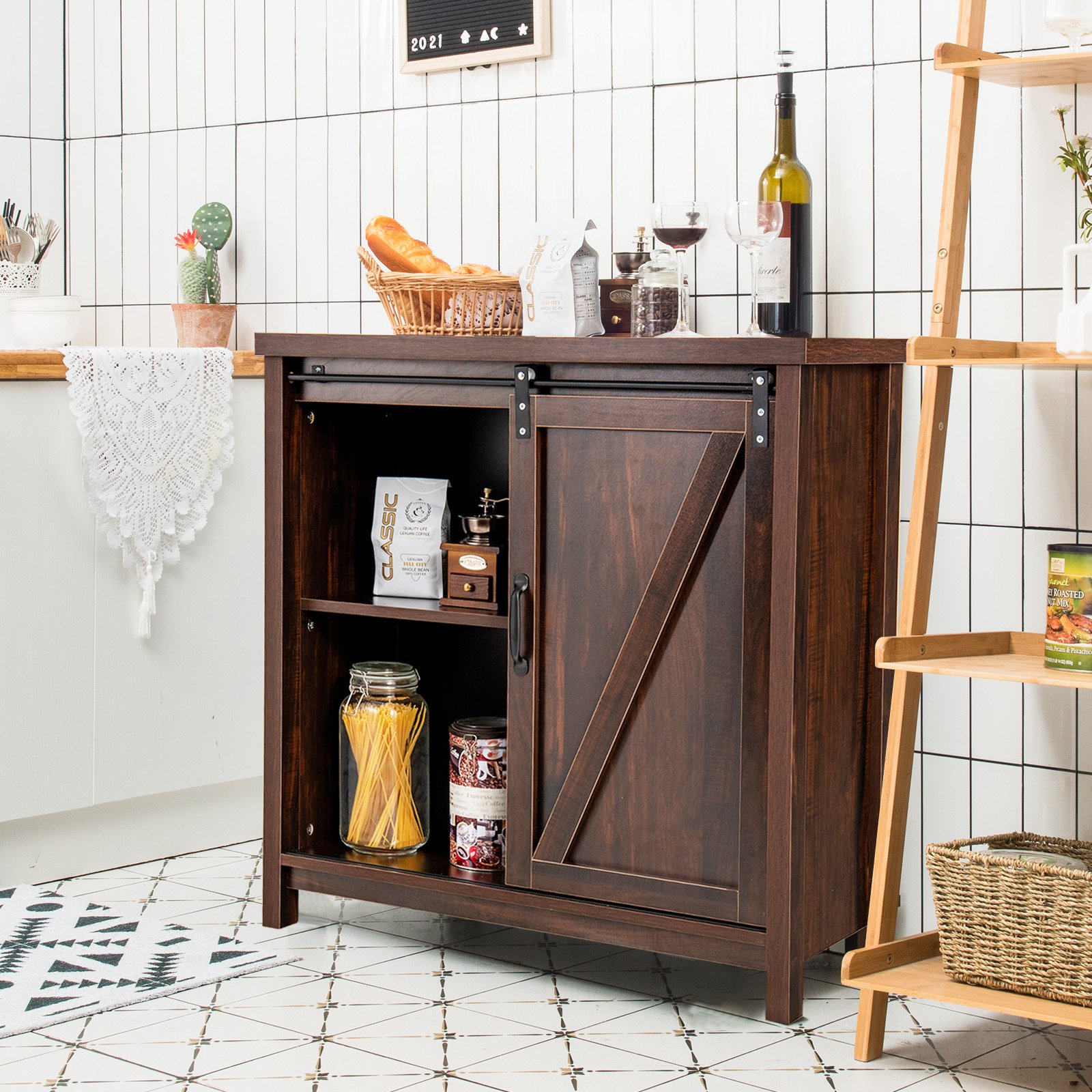 Sideboard Holz Küchenschrank mit Schiebetüren & 4 Fächern Beistellschrank freistehend für Küche 80 x 40 x 82cm Braun von Costway