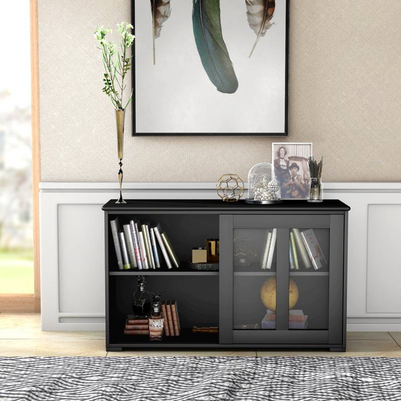 Sideboard Küchenschrank Wohnzimmerregel mit Schiebetüren Schwarz 106,5 x 33 x 62,5 cm von Costway