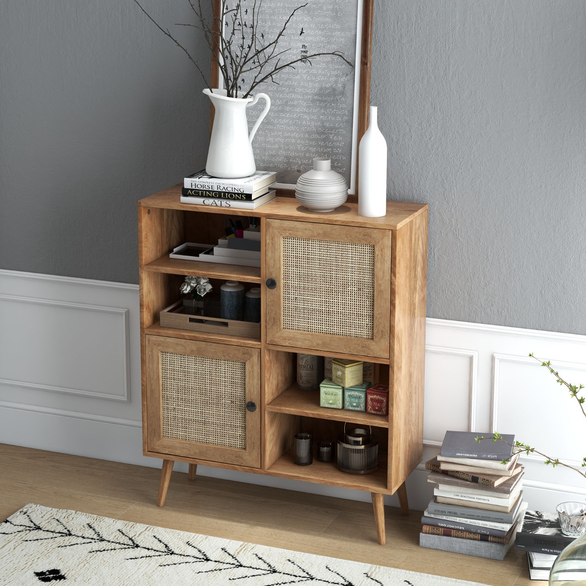 Sideboard Schrank aus Holz Kommode mit 4 Fächern & 2 Türen Anrichteschrank Rattan von Costway