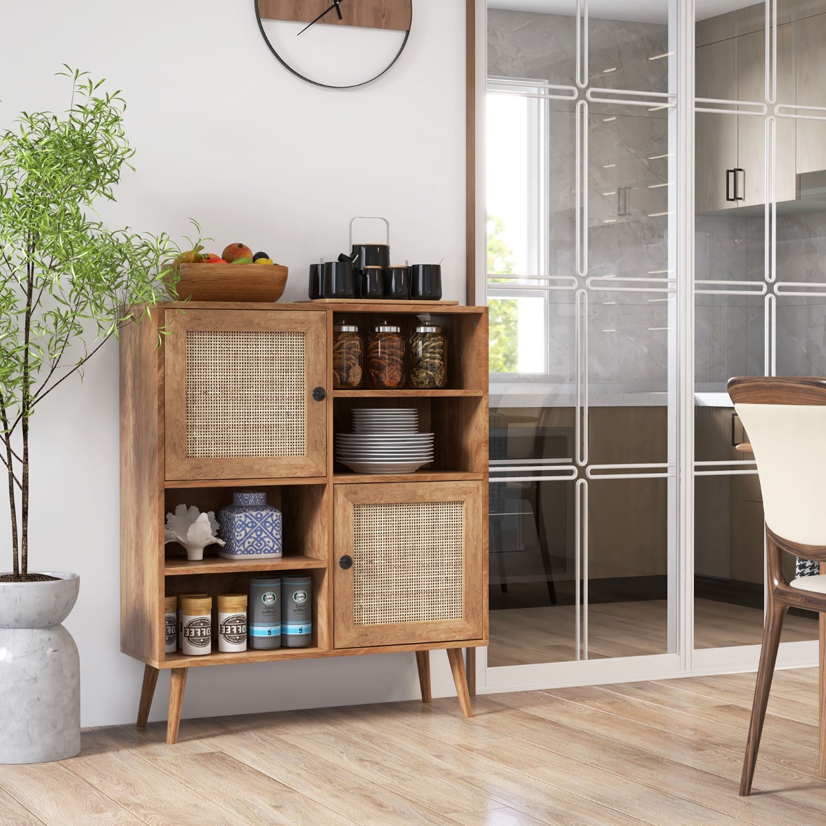Sideboard Schrank aus Holz Kommode mit 4 Fächern & 2 Türen Anrichteschrank Rattan von Costway