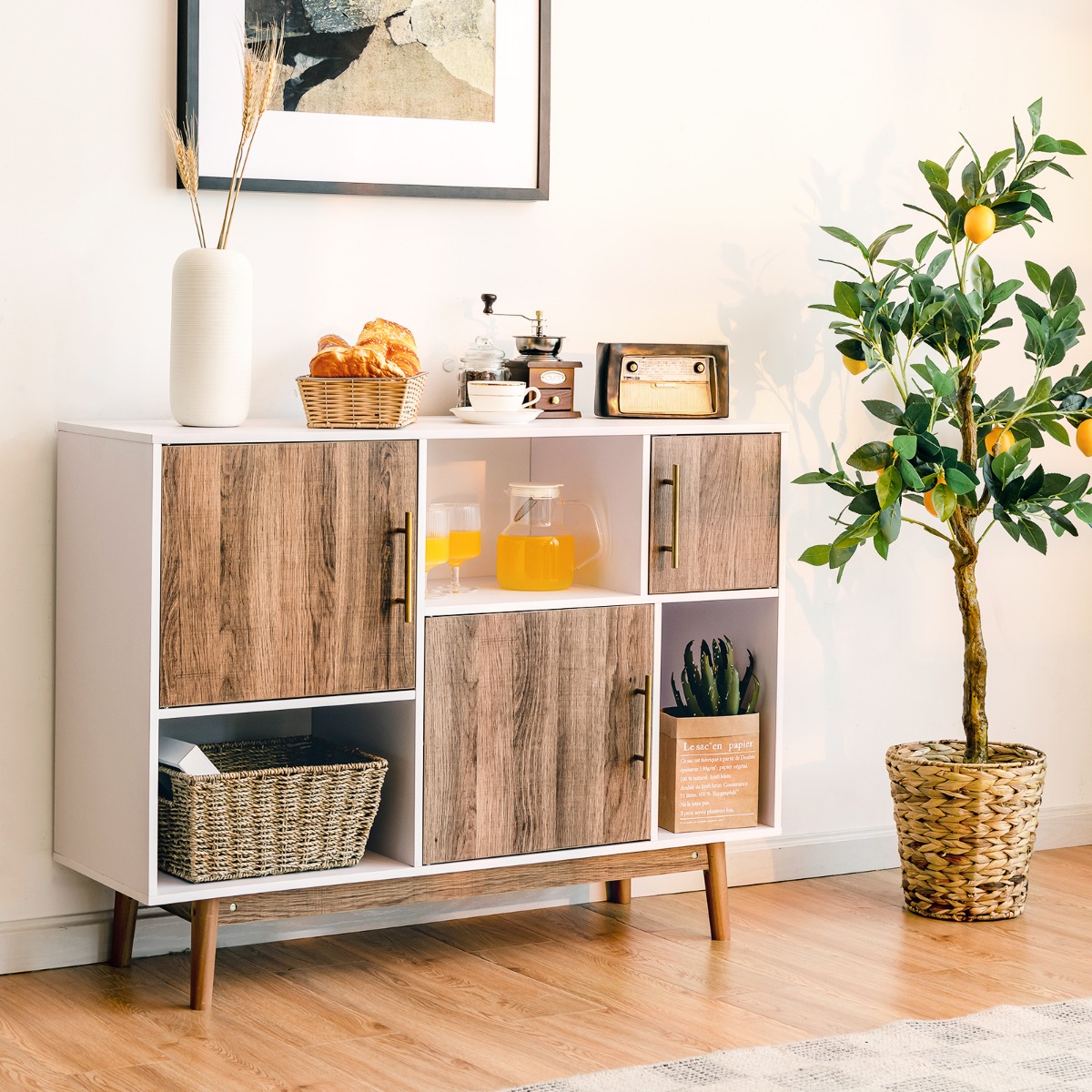 Sideboard Standregal Kommode Mehrzweck Schrank 95 x 31 x 76 cm Weiß + Kaffeebraun von Costway