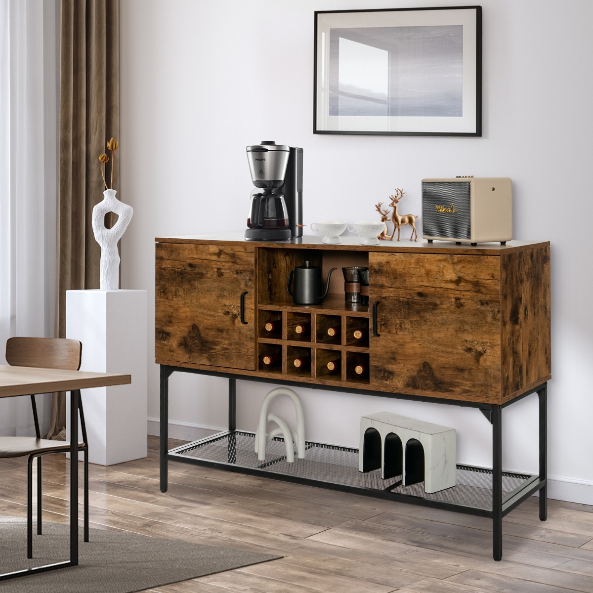 Sideboard aus Holz mit Weinregal & Türen Küchenschrank 120 x 40 x 85 cm Rustikales Braun von Costway