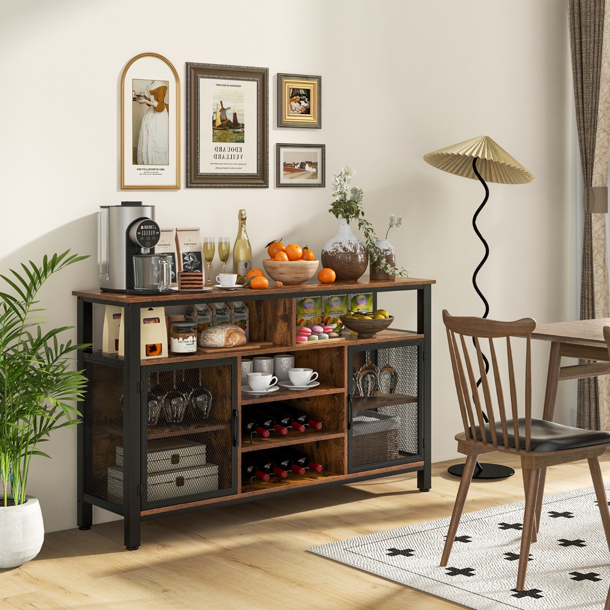 Sideboard mit 2 Metallgittertüren & Offenen Fächern & Weinregalen & Weinglashaltern Braun von Costway