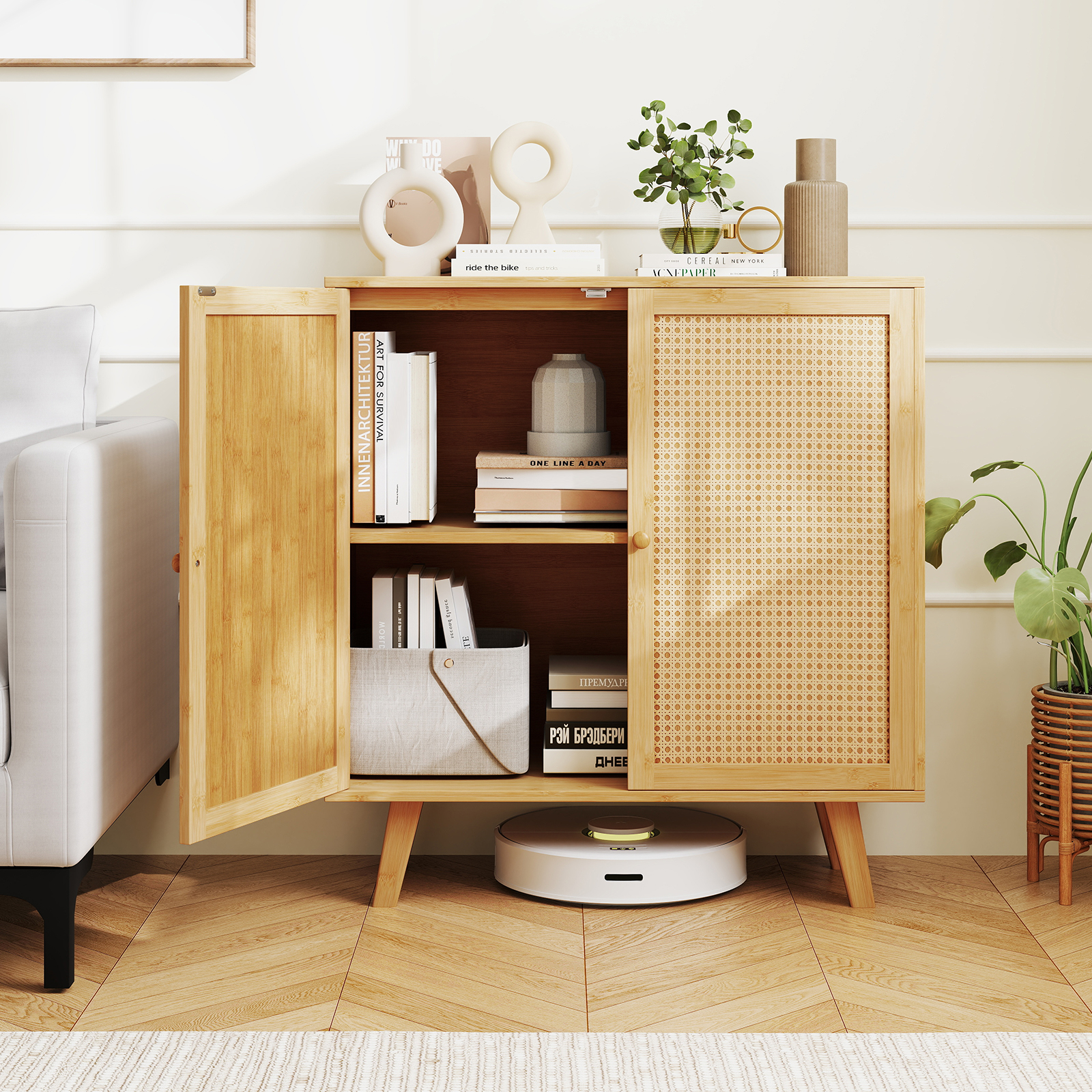 Sideboard mit 2 Rattantüren Küchenschrank aus Bambus mit Arbeitsplatte 80 x 34,5 x 85 cm Natur von Costway