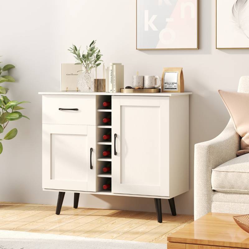 Sideboard mit 6-Flaschen Weinregal & Schublade & 2 Türen Moderner Weinbar Schrank Weiß von Costway